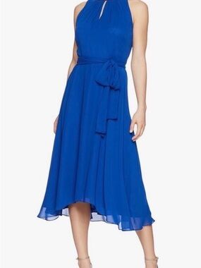 Royal Blue Sleeveless High-Low Dress with Self-Tie Belt